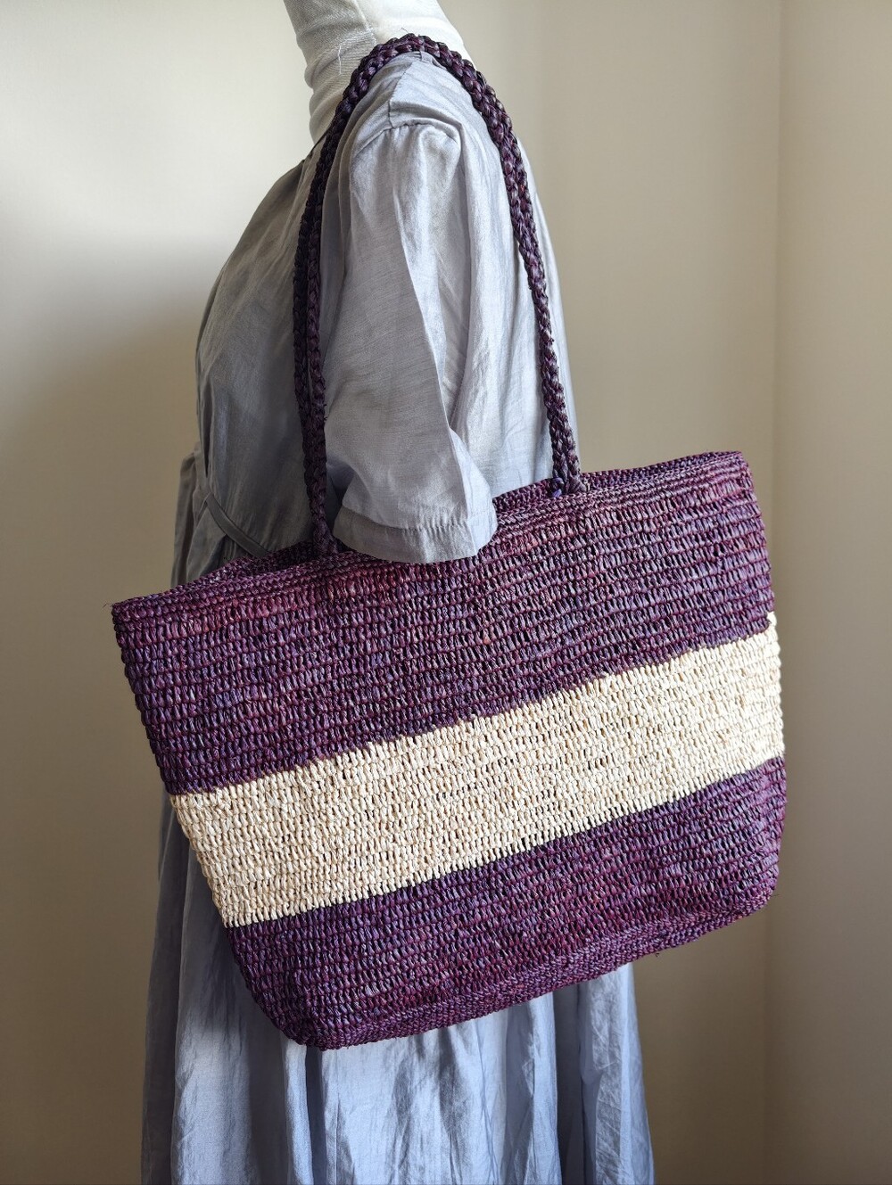 handmade crochet natual raffia tote bag